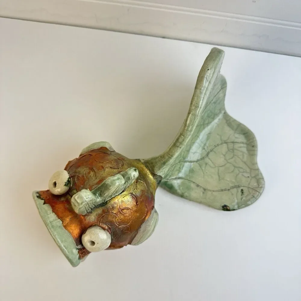 Artisan Raku Pottery Happy Surprised Fish Whimsical Coastal Beach Signed Ceramic